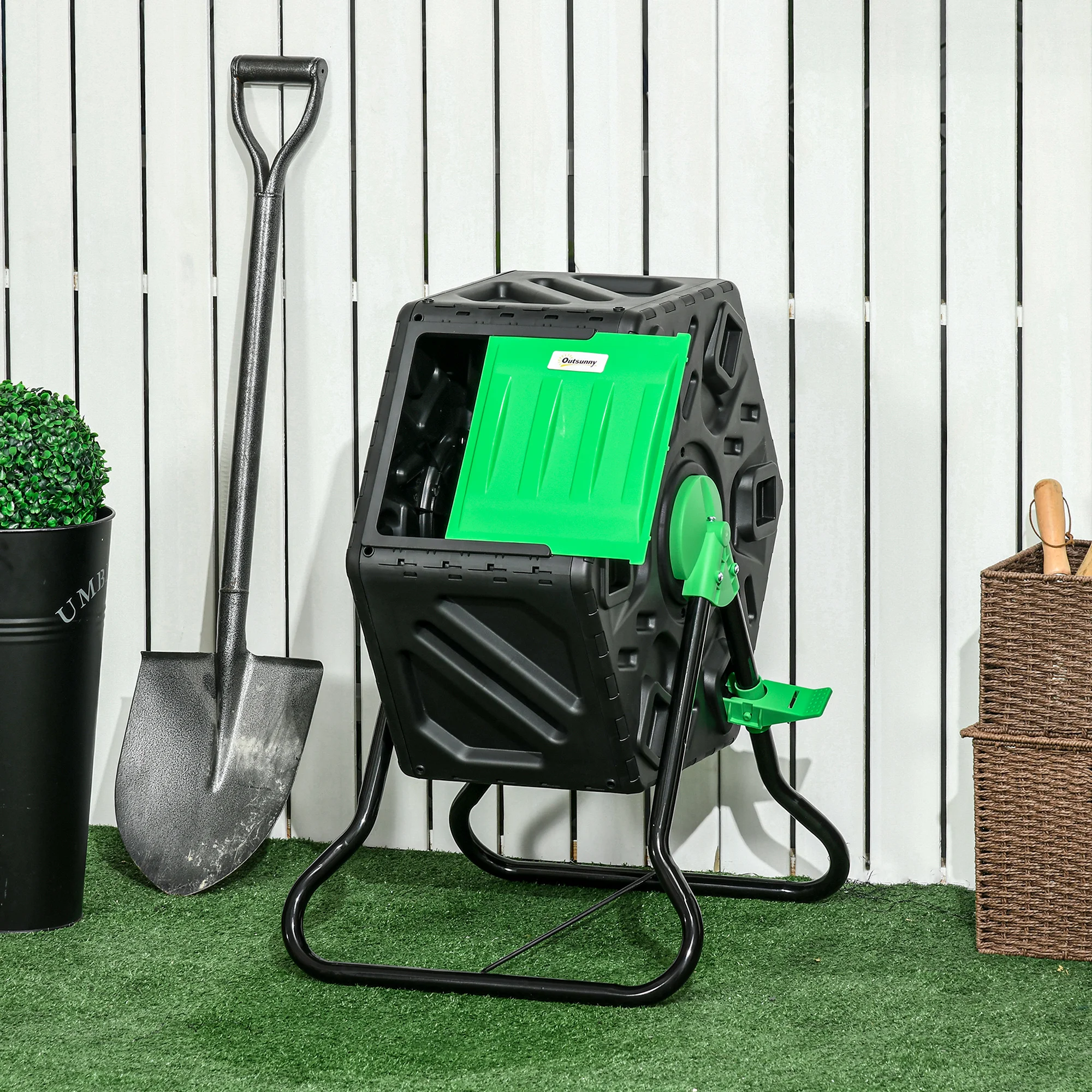 Outsunny Compostador de jardín, contenedor de compostaje giratorio 360° para jardín ° de polipropileno 65 L 24 orificios 60 x 49 x 77 cm negro