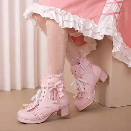 Sweet Bowtie Ruffled Lace-up Chunky Heels Women\'s Ankle Boots Lolita Girls Shoes JK-Uniform Japanese Ladies Party Wedding Pumps