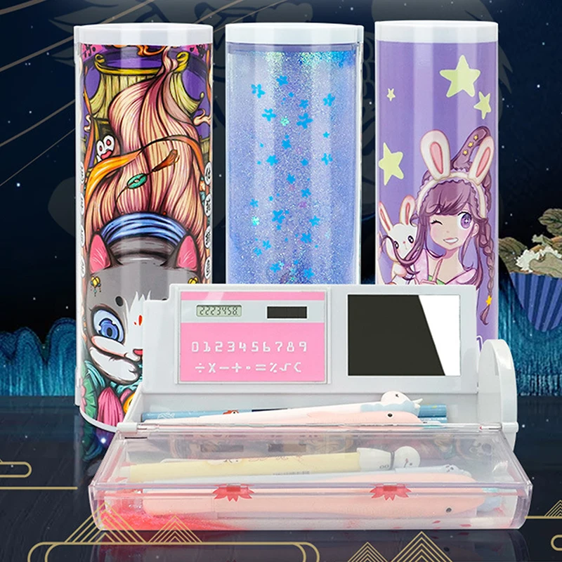 Multifunctional Standing Quicksand Pencil Case Organizer Double Layer With Mirror Erasable Notepad Calculator