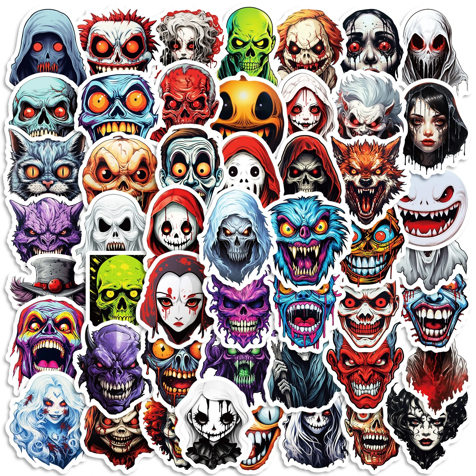 50Pcs Spooky Skull Graffiti Stickers, Gothic Halloween Funny Prank Waterproof Decals for Luggage, Phone Case, Water Bottle