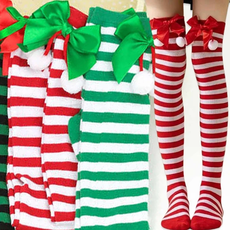 新しいバタフライノットクリスマスボールソックスオーバーニーソックス女性のヨーロッパとアメリカのフェスティバルクリスマスストライプロングソックス