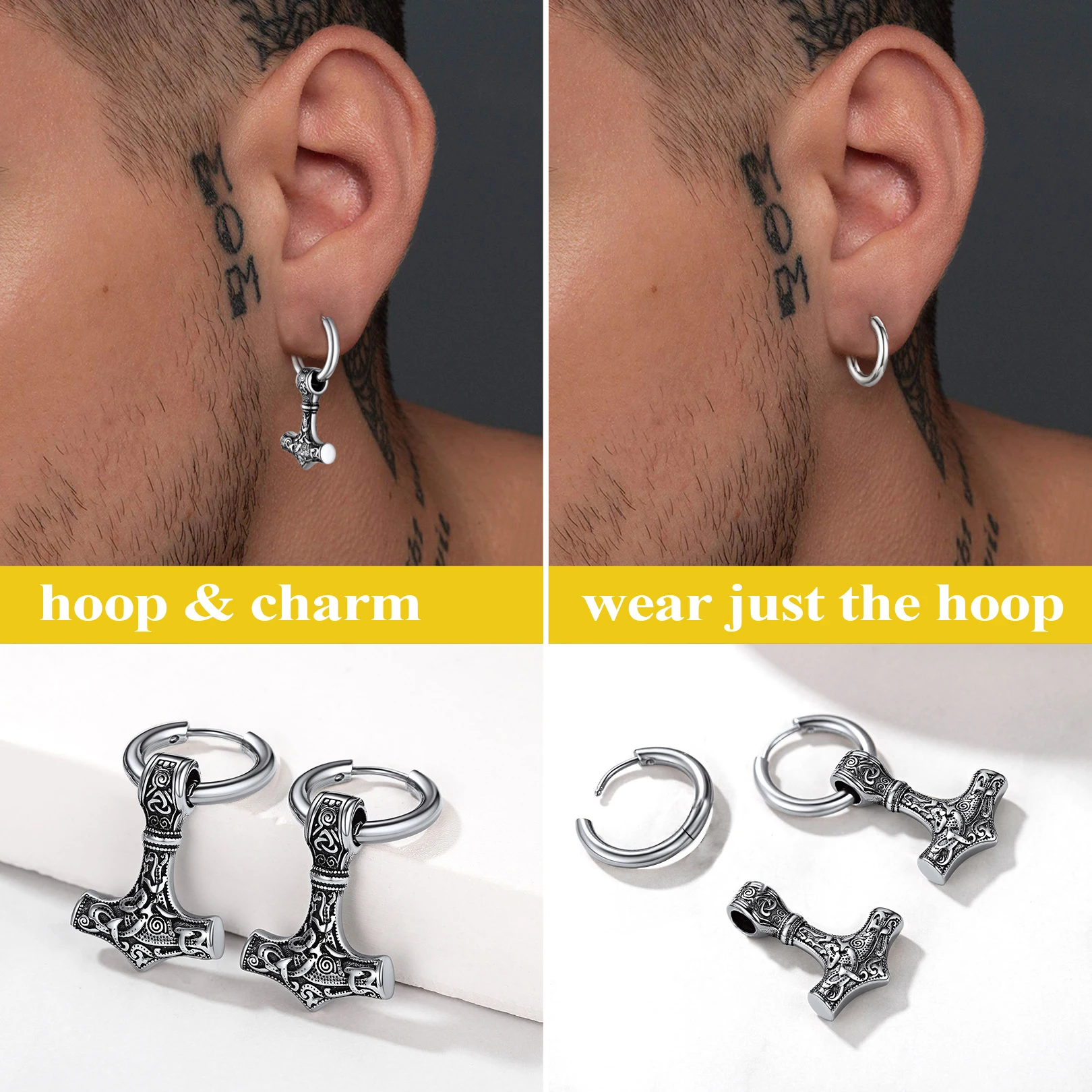U7 Unisex Viking Mjolnir Earrings for Man Woman Stainless Steel Norse Mythology Hammer Amulet Drops Earring Jewelry Gift