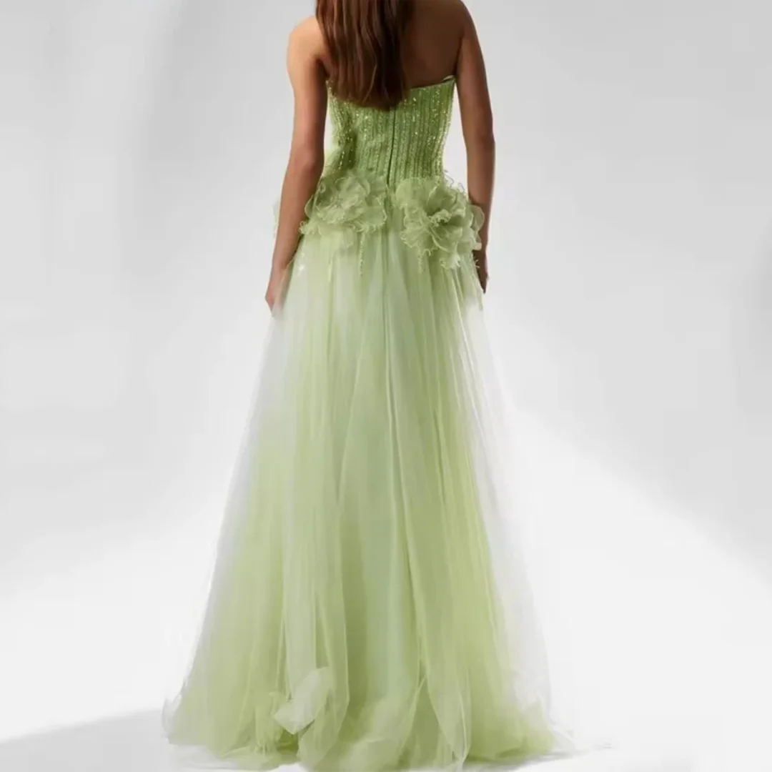 Gaun Malam Hijau Elegan dengan Hiasan Manik-Manik Vestidos De Fiesta Tulle untuk Gaun Prom Tanpa Tali Tanpa Lengan Panjang Menyentuh Lantai yang Dapat Disesuaikan