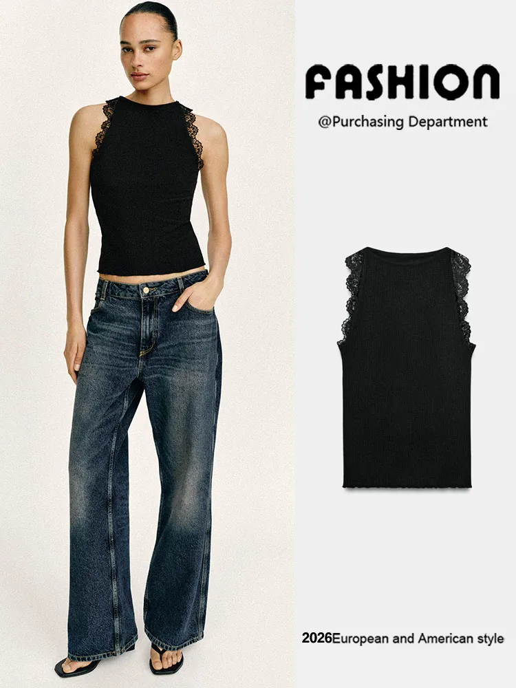 

New Summer Women's Lace Sleeveless Neck Hanging Top Slim Fit round Neck Regular Length Overhead Chinese Style Fashion Top