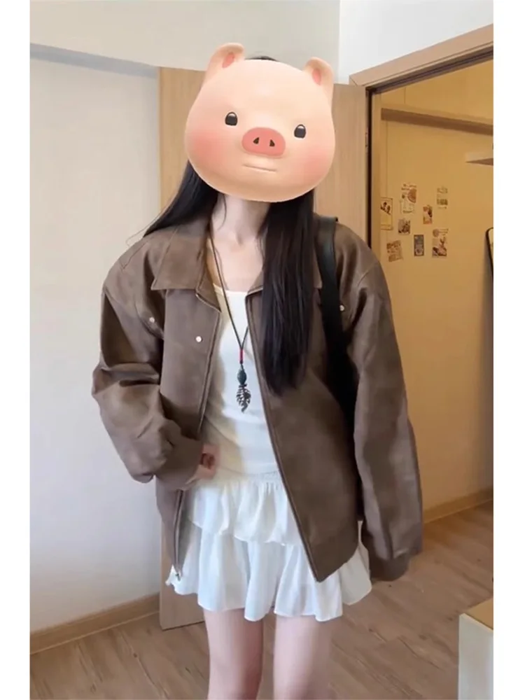 Browan Leather Jaet Women's Loose Fit American Sle Spring Autumn New Faion PU Leather Coat Upper Body Trendy