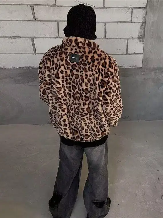 

Retro Cotton Jaet for Men Thiened Street Sle Double-Sided Wear Leopard Print Winter New Faion Casual Loose Fit Coat