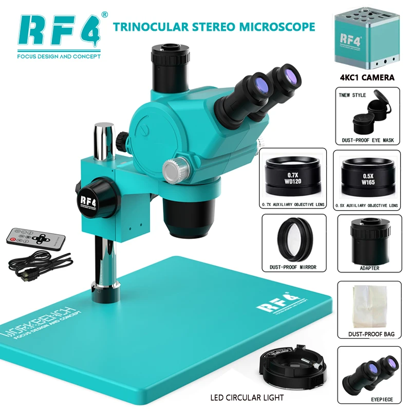 Microscope stéréoscopique trinoculaire RF4 Zoom + Caméra vidéo HDMI USB 2K 4K + Objectif auxiliaire 1X 0.7X 0.5X 6.5-65X pour soudure de téléphone