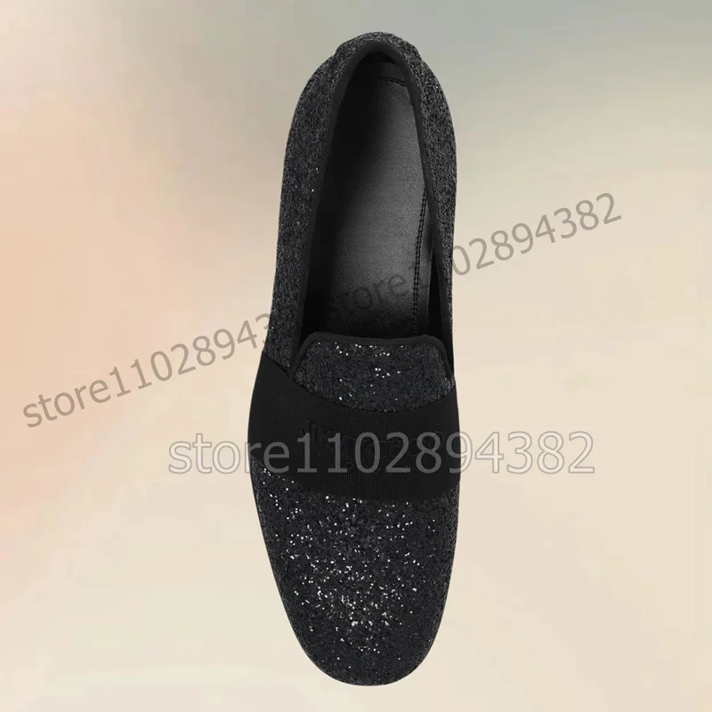 Mocassins de lantejoulas pretas masculinas, decoração riband, sapatos baixos, sapatos artesanais de luxo masculino, banquete de festa, vestido de casamento, moda slip-on