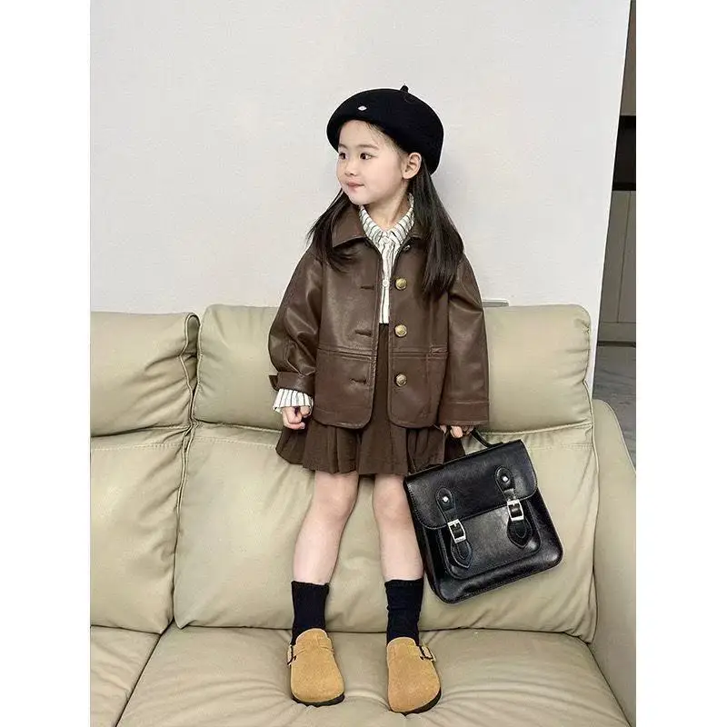 

Childrens Suit Spring and Autumn New Korean Girls Fashion Leather Coat Striped Shirt Solid Color Pleated Skirt Three Piece Set