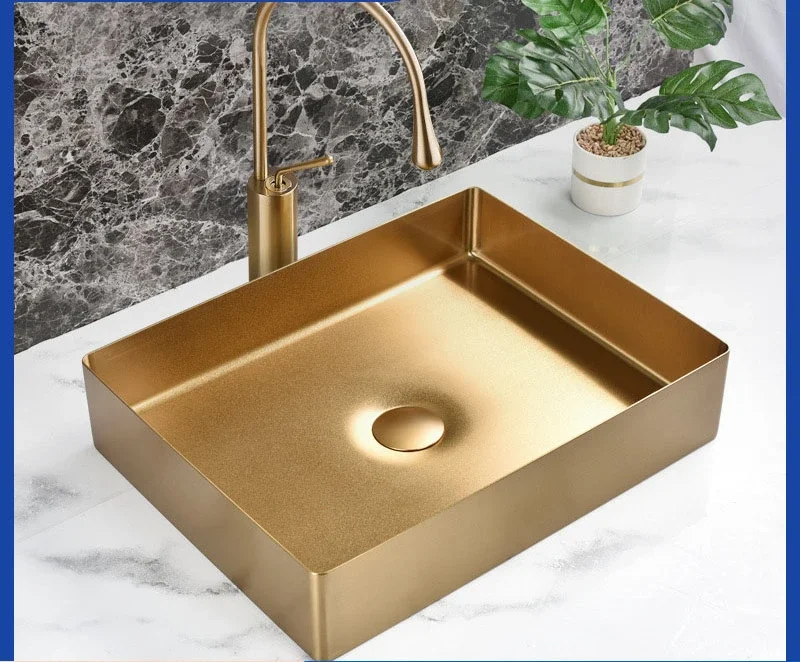 

Golden stainless steel countertop basin Household balcony washbasin Square washbasin Art basin Bathroom washbasin Single basin