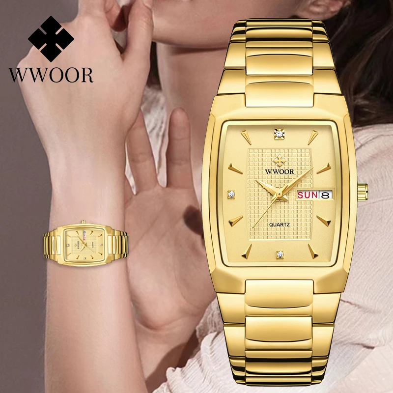 WWOOR Women Watch Rectangle Dial Gold Stainless Steel Wrist Watches Fashion Quartz For Women ladies waterproof Relogio Feminino