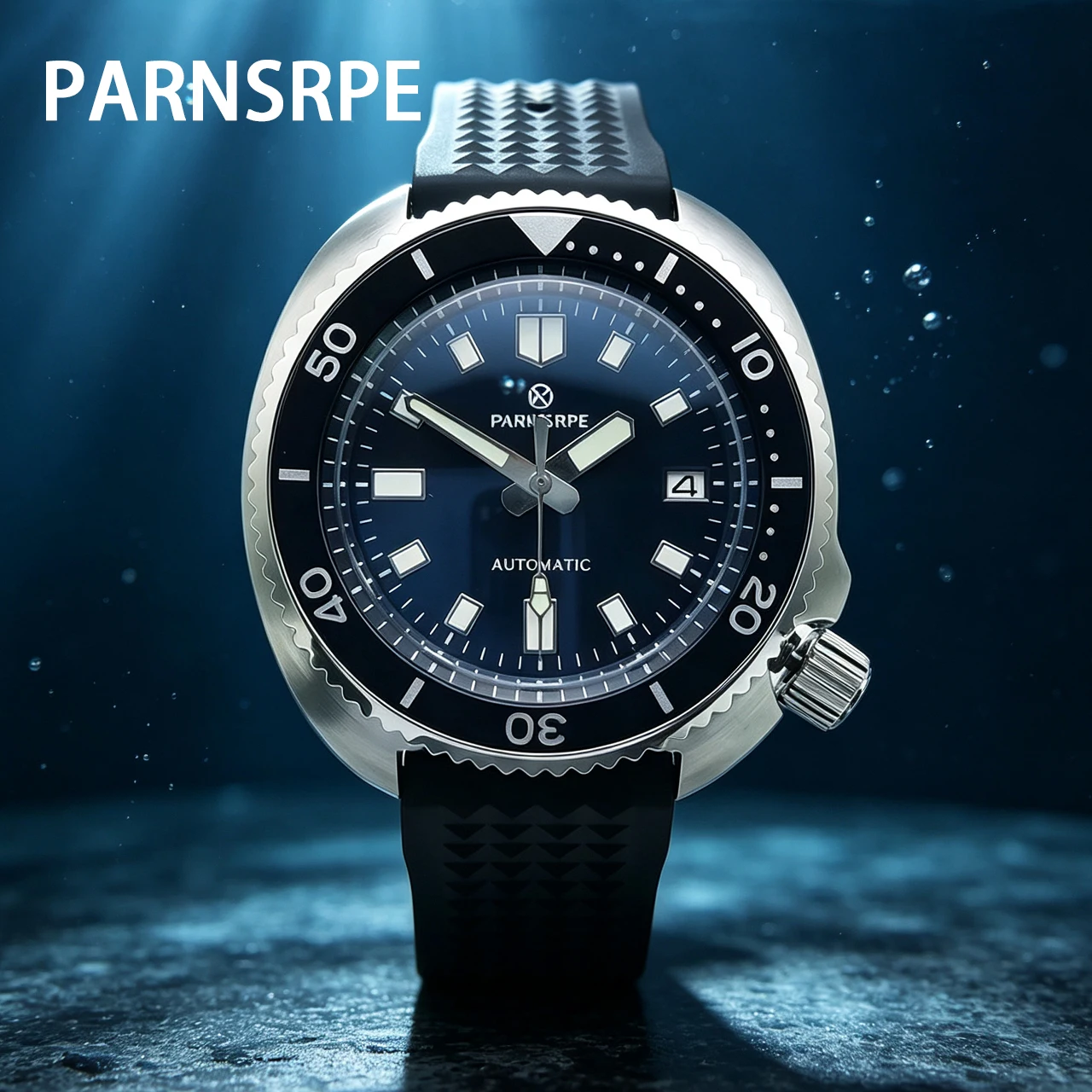 PARNSRPE NH35 43.5mm Black Logo Dial Diver Watch, Sapphire Crystal Solid Caseback Rubber Strap Waterproof, Sports Watch