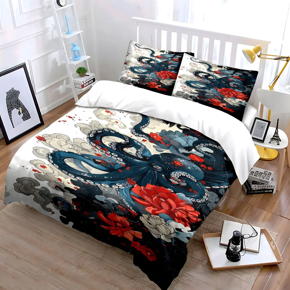 

Octopus Floral Design Set - Decorative Scenes Multiple sizes kid's and adults' bedroom Exquisite 3PC bedding set, gift