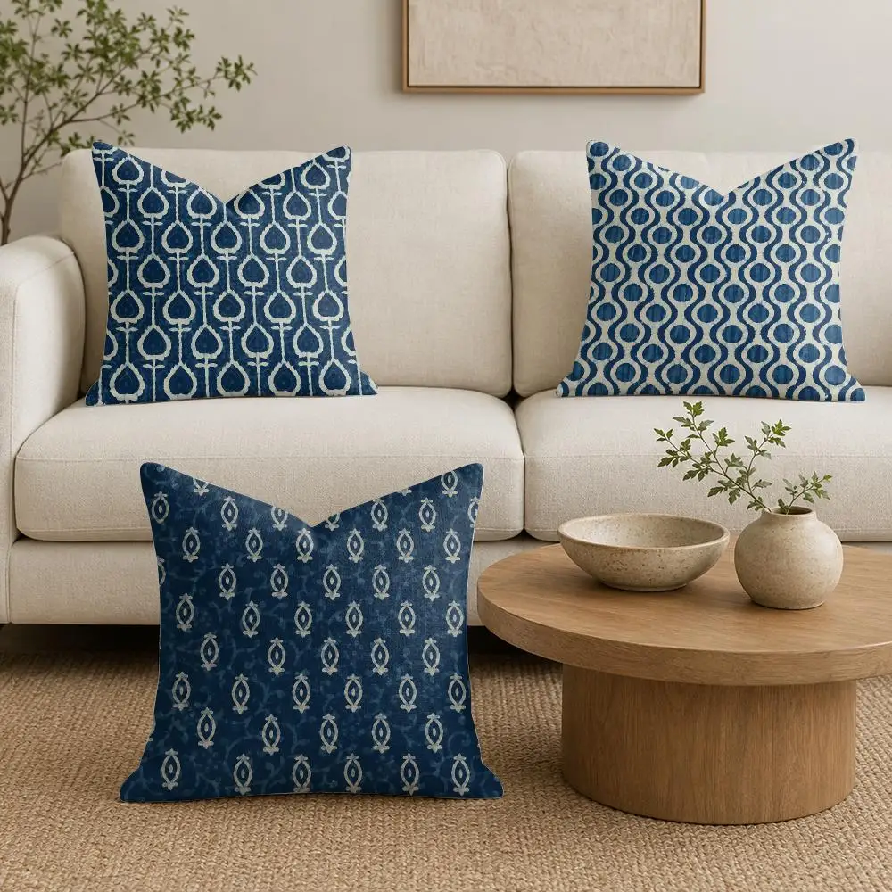 Indigo Batik Seamless Cushion Cover Natural Linen Organic Fabric Double-Sided Printing Sofa Home Decor Gift Pillow Cover