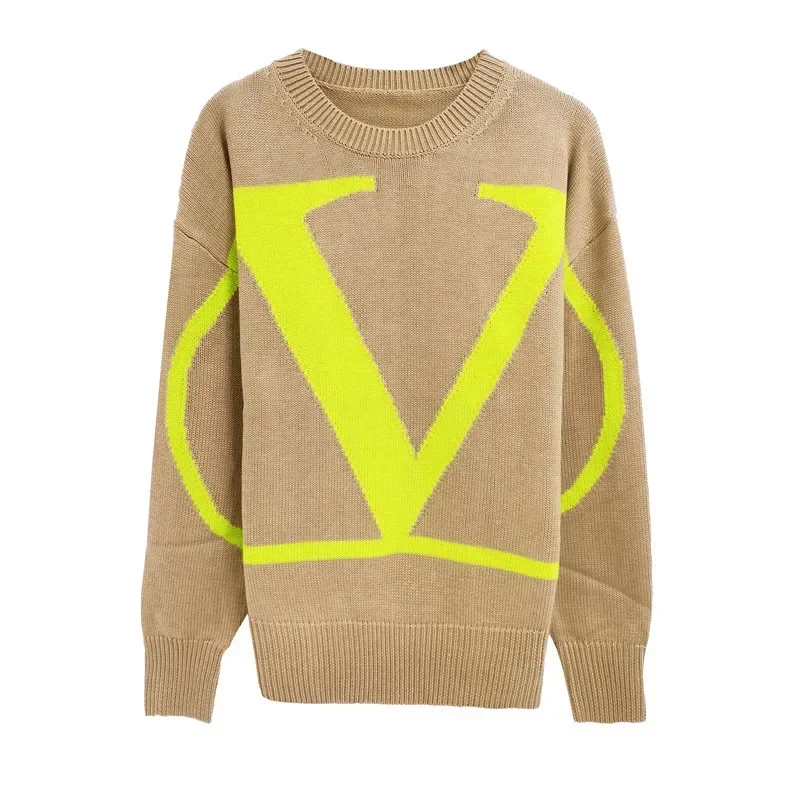 2024 New Large V Letter Embroidered Sweater Round Neck Long Sleeve Loose Knit Sweater T-shirt Top