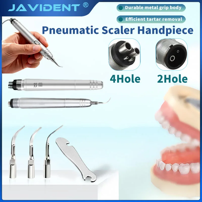Dental Ultrasonic Air Scaler with 3 Tips Scaling Handpiece Frequency Pneumatic Scaler 2/4 Tooth Calculus Remover Cleaning Tool