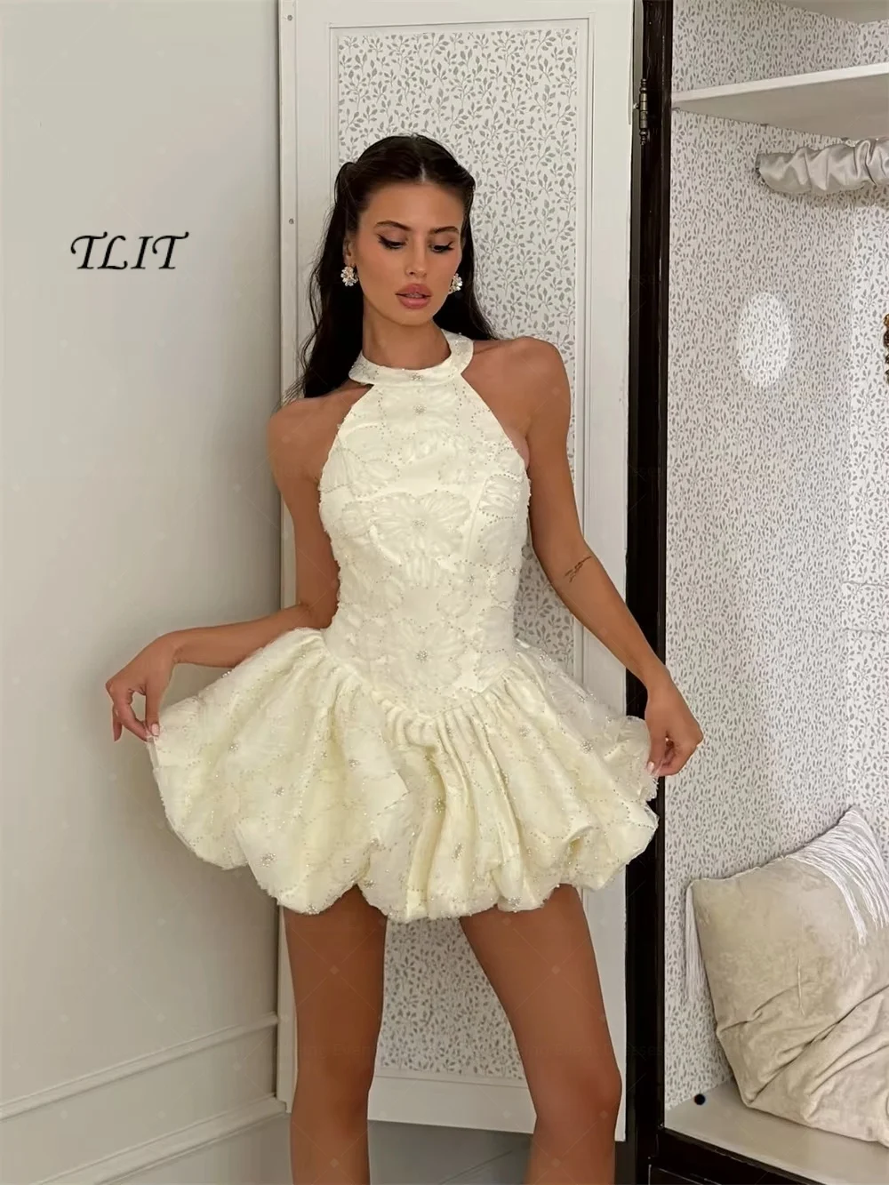 TLIT Customized Ivory  Lace Short A-Line Bridal Gown Halter Sleeveless Lace Up Back Pleat Mini Wedding Dress