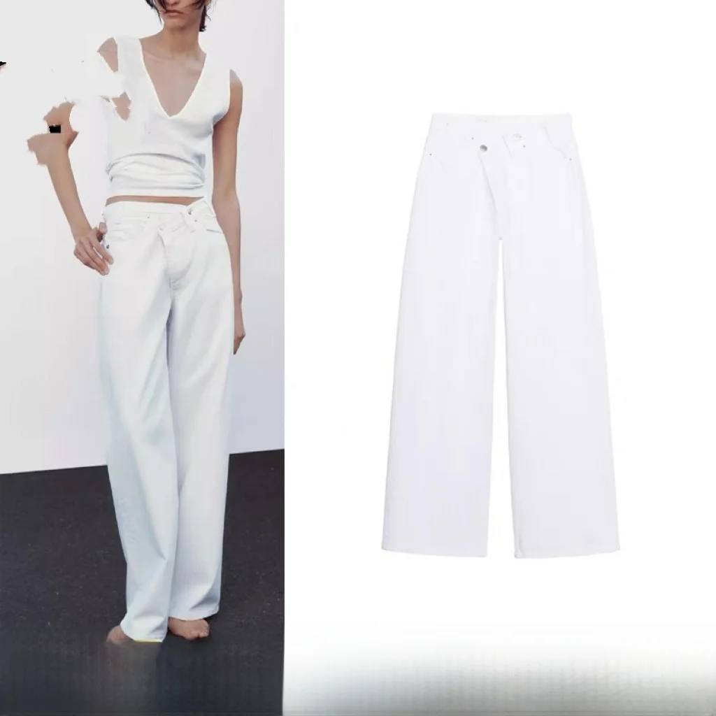 

Лето 2025: Новые женские широкие джинсовые брюки из хлопка с двойной застежкой на пуговицах, с высокой талией, белые, длинные, модные