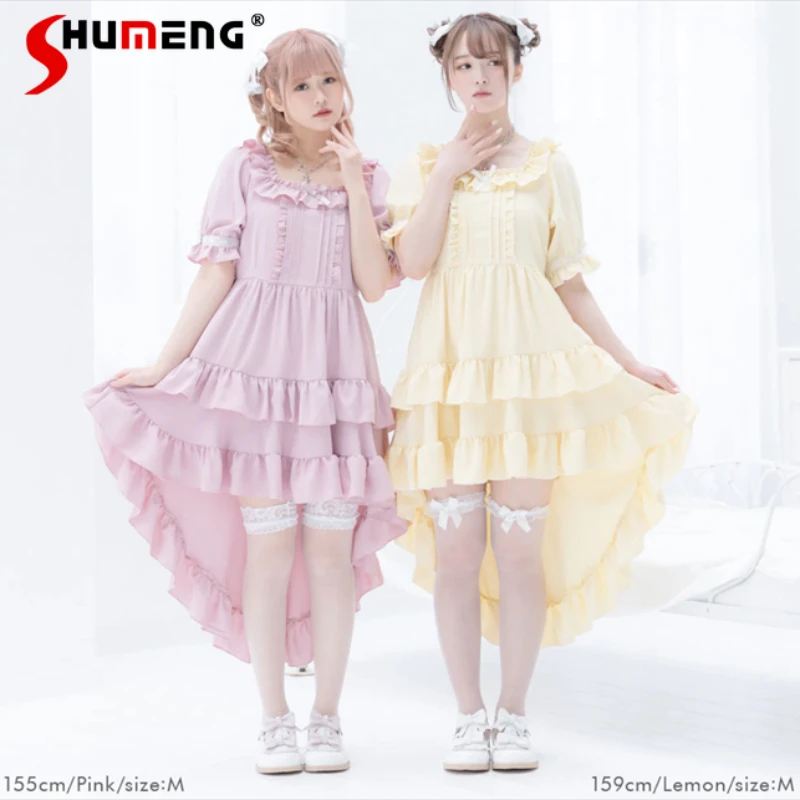 

Japanese Cute Short Sleeve Swallowtail Dress Sweet Slimming Square Collar Wooden Ear Double Layer Front Short Back Length Dress