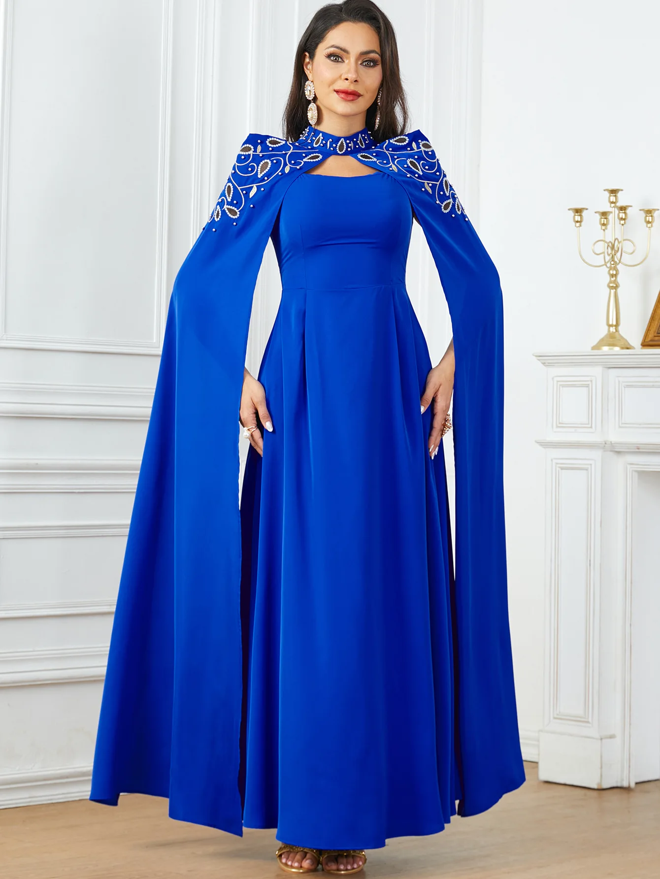 2PCS Eid Djellaba Beads Cape Cloak Evening Maxi Dress Set Dubai Abaya Turkey Kaftan Women Muslim Wedding Party Gown Morocco Robe