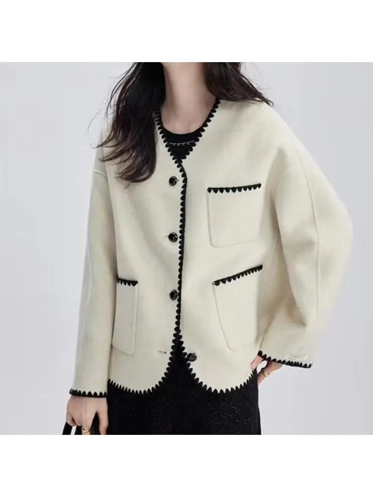 

2023 Autumn And Winter Short Woolen Outerwear Jackets Women's V-Collar Elegant Single-Breasted White Binding 100% Wool Coats