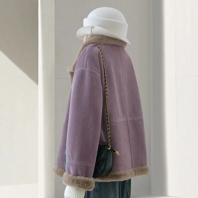 สีม่วงOne-pieceเสื้อขนสัตว์ผู้หญิงฤดูหนาว2025ใหม่หญิงขนสัตว์ประดิษฐ์เสื้อกันหนาวและกํามะหยี่หนาWarm Outcoat Top
