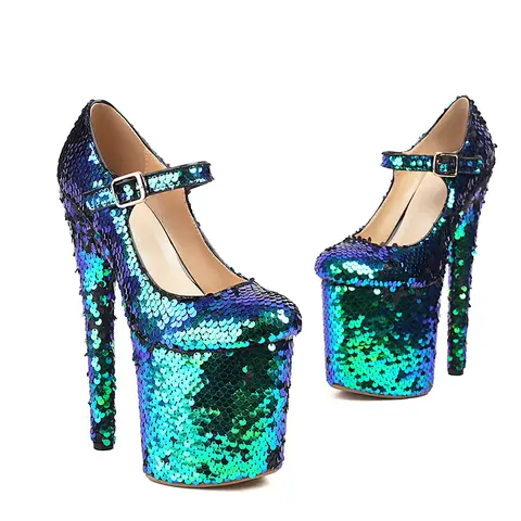 Autumn Women High Heels 2024 New Buckle Strap Mary Janes Shoes 20CM/8Inch Nightclub Club Sequin Pumps Pole Dance Stripper Shoes