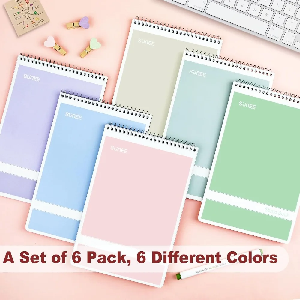 6x9 Steno Pads 6 Pack, Gregg Rule, 60 Sheets, Assorted Colors, Top Spiral Notebook for School, Office
