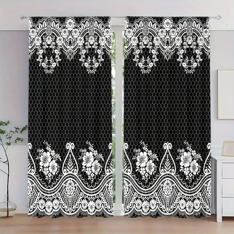 2 uds.-cortinas estampadas con estampado floral negro elegante, decoraciones para ventanas, decoraciones para el hogar, decoraciones para habitaciones
