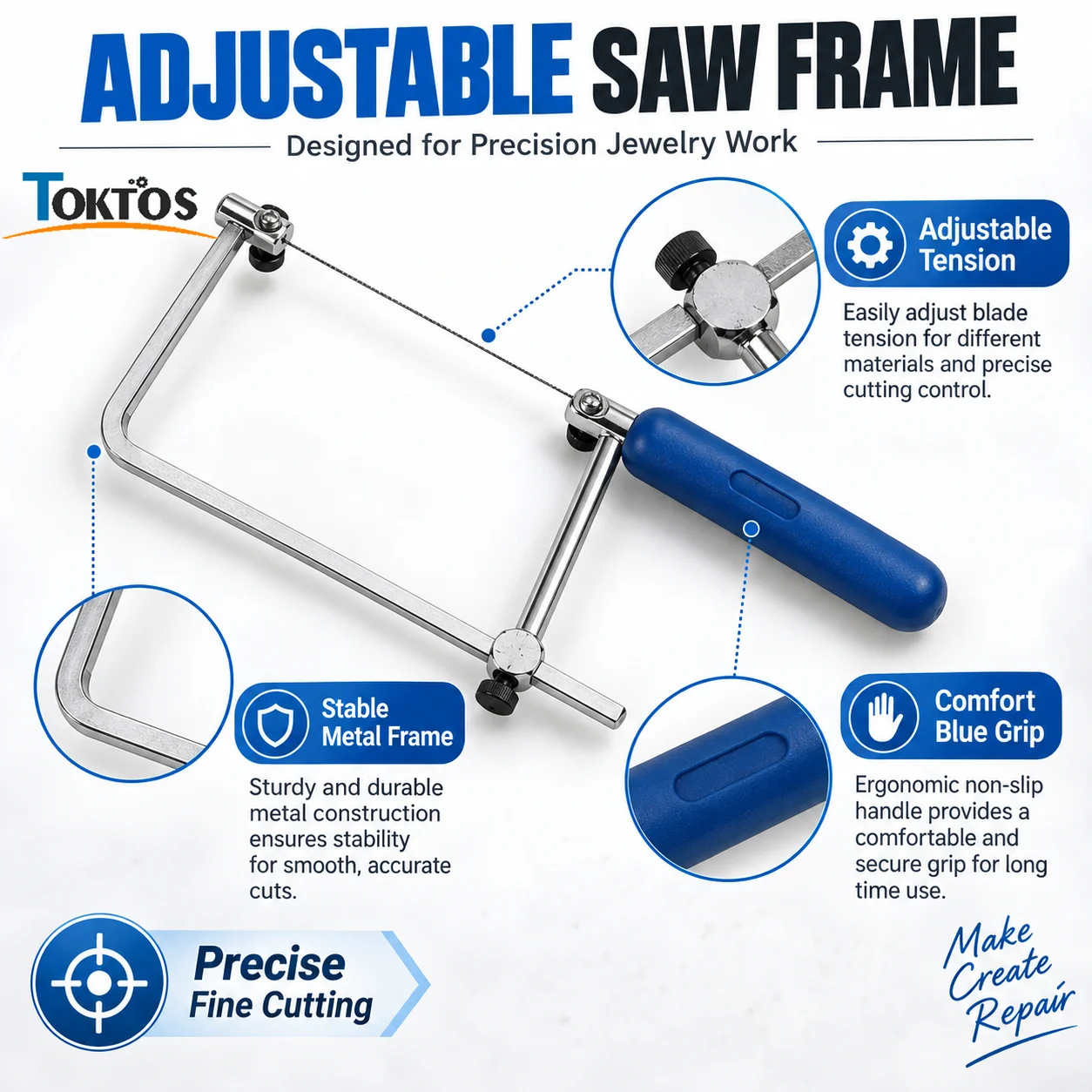 TOKTOS 15PCS Adjustable Jeweler Saw Kit 12 #4 Blades Bench Pin Clamp 80mm Caliper for Jewelry Metal Wood Plastic Cutting