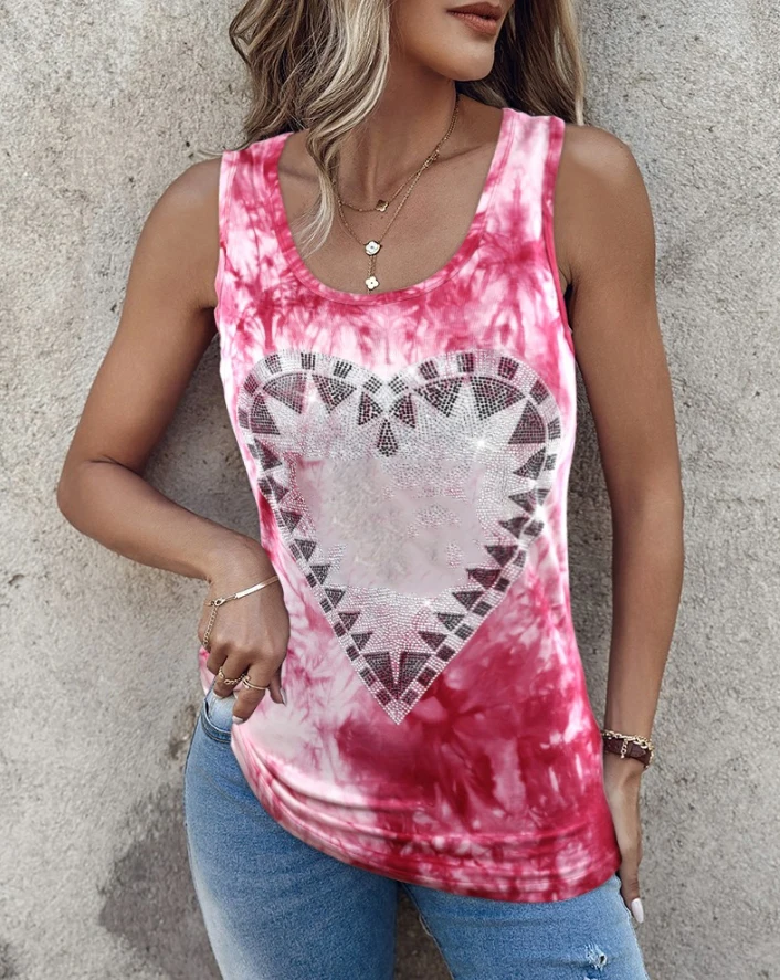 

Women's Blouse Tops Casual Daily Summer Tie Dye Print Heart Letter Rhinestone Decoration Round Neck Sleeveless Cutout Tank Top