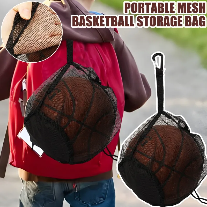 ポータブルメッシュスポーツバッグバスケットボールサッカー収納オーガナイザー内ポケット付き吊り下げフックバレーボールスポーツ用品ブラック
