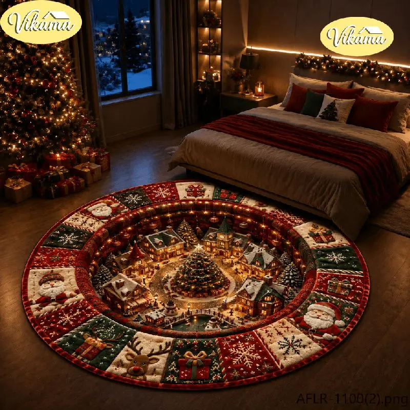VIKAMA Christmas Round Rug Santa Reindeer Winter Town Night Area Rug Living Room Holiday Home Decor Aesthetic Art Large Premium