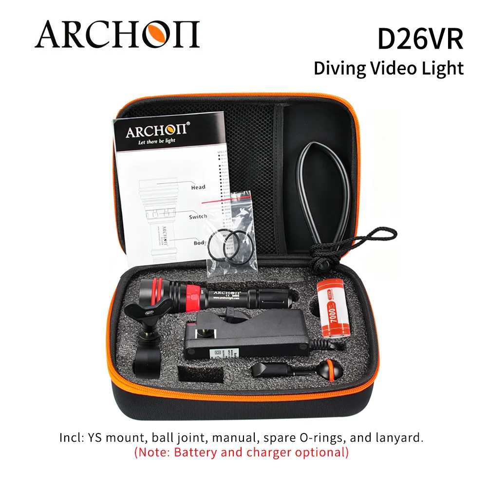 ARCHON D26VR 2000LM Underwater Dive Video Light Warm White/Red LED Rechargeable Scuba Diving Torch for Photography