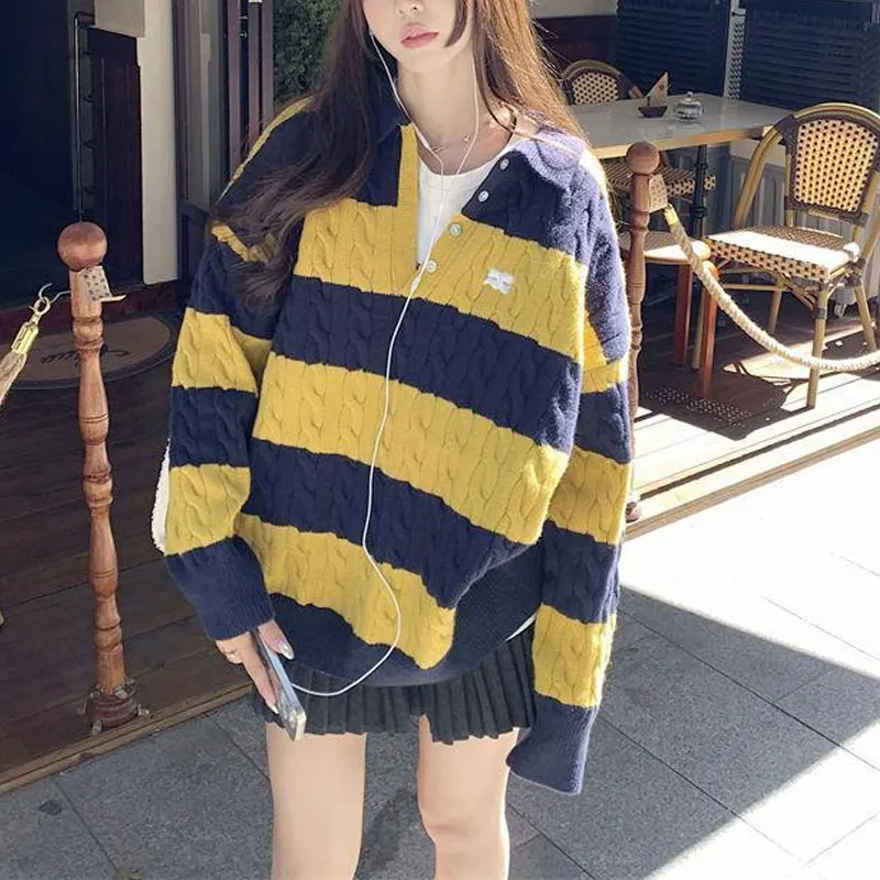 

Women's Clothing Korean Striped Sweaters Vintage Contrasting Colors Autumn Winter Casual V-Neck Button Stylish Knitted Pullovers