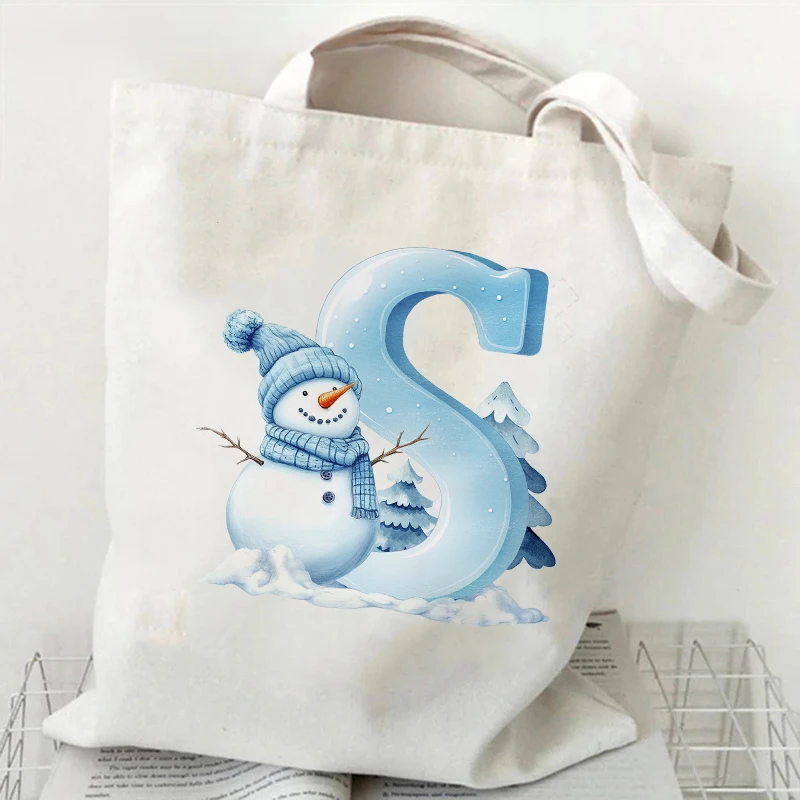 Snowman Print 26 Letter A-Z Canvas Tote Bag for Women Fashion Christmas Party Casual Shopping Travel Hand Shoulder Crossbody Bag