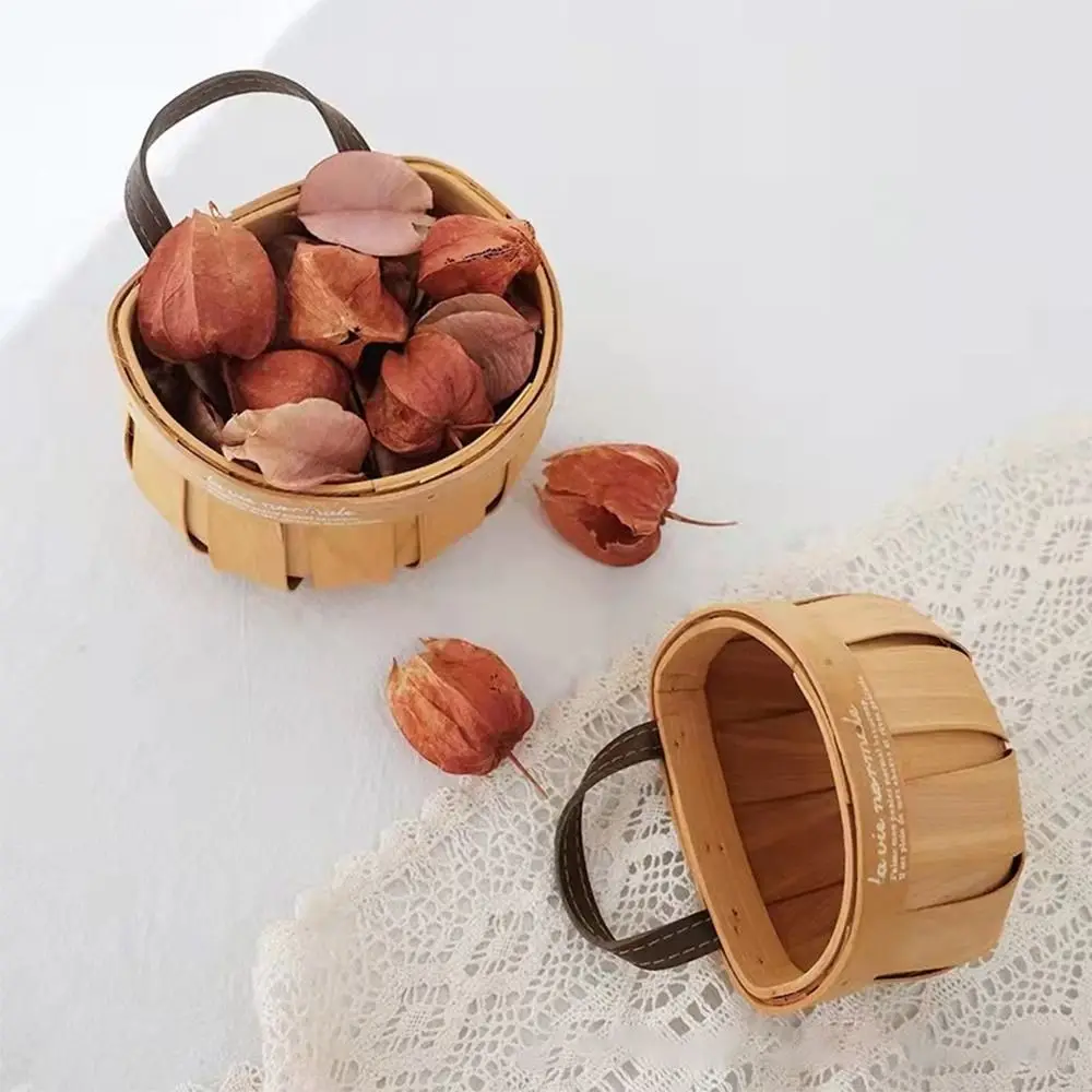Wood Kitchen Storage Basket Home Decoration with Handle Wood Hand-woven Baskets Sundries Organizer Vegetable Fruit Flower