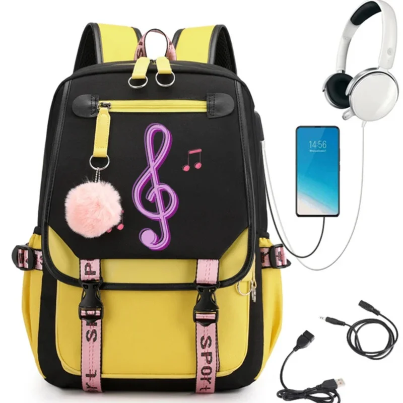 Mochilas escolares impermeables para niñas y niños, moradas, con notas musicales, de dibujos animados, para libros