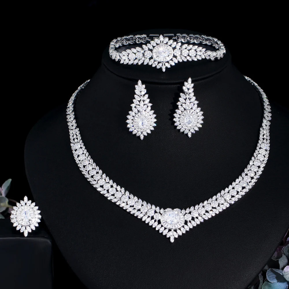 ThreeGraces 4pcs Luxury Shiny Full Cubic Zirconia Paved Nigerian Dubai Bridal Wedding Evening Dress Jewelry Set for Women TZ854