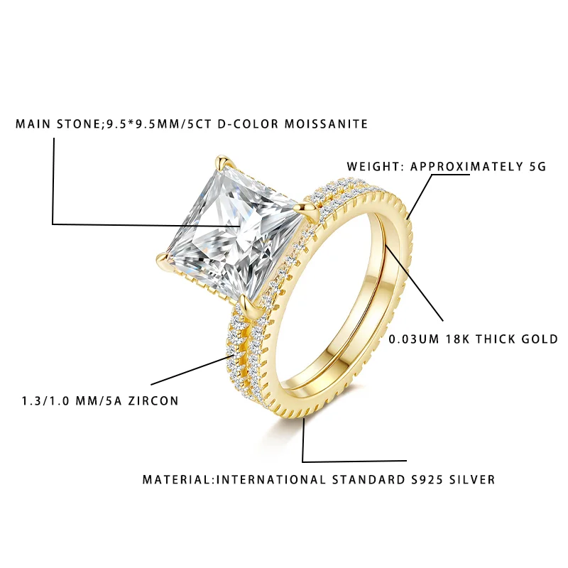

Princess Cut Moissanite Ring for Women 5CT D-Color 9.5*9.5mm Main Stone 1.3/1.0mm 5A Zircon 18K Gold Plated S925 Silver Engageme
