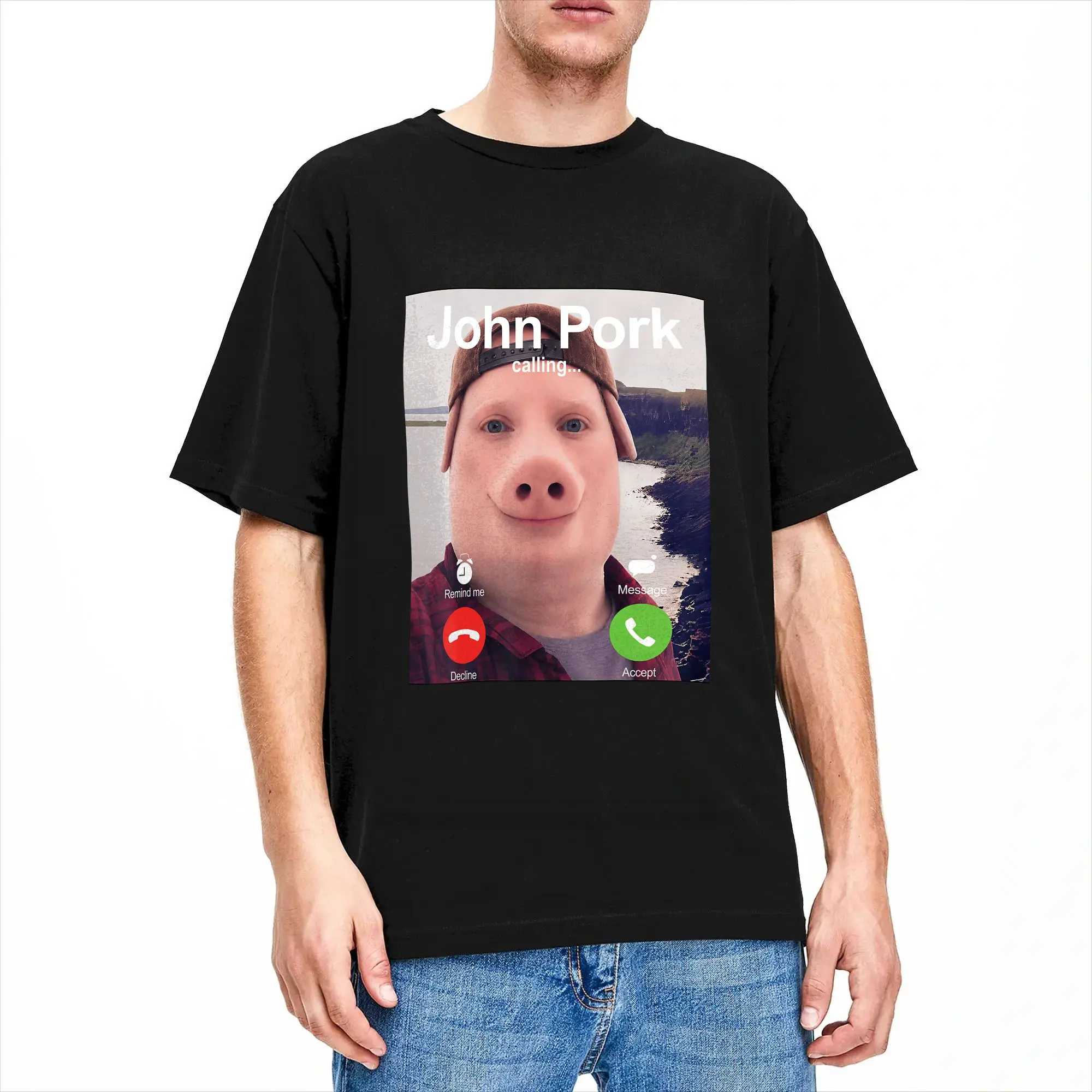 John Pork Calling Decline Accept Incoming Call Meme T-Shirt Summer Cotton T-Shirts Male Trending Tee Shirt Short Sleeve Top Tees