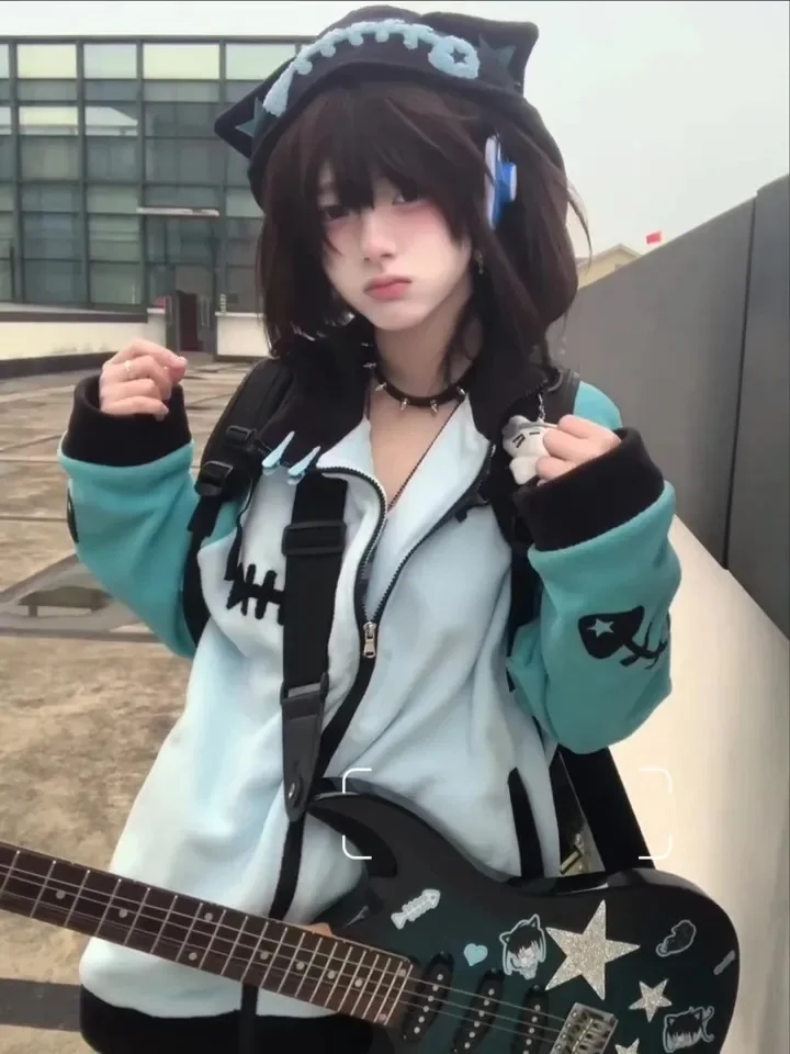 

Japanese Sle Hooded Thiened Fce Women's Sweatirt Blue Bone Pattern Stand Collar Jaet Cute And Bright Outerwear