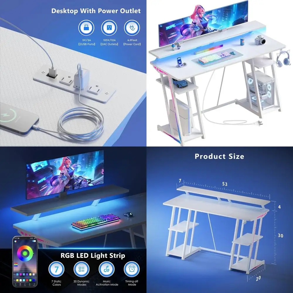 Carbon Fiber LED Gaming Desk with Monitor Stand, Adjustable Shelves, and Power Outlets - White