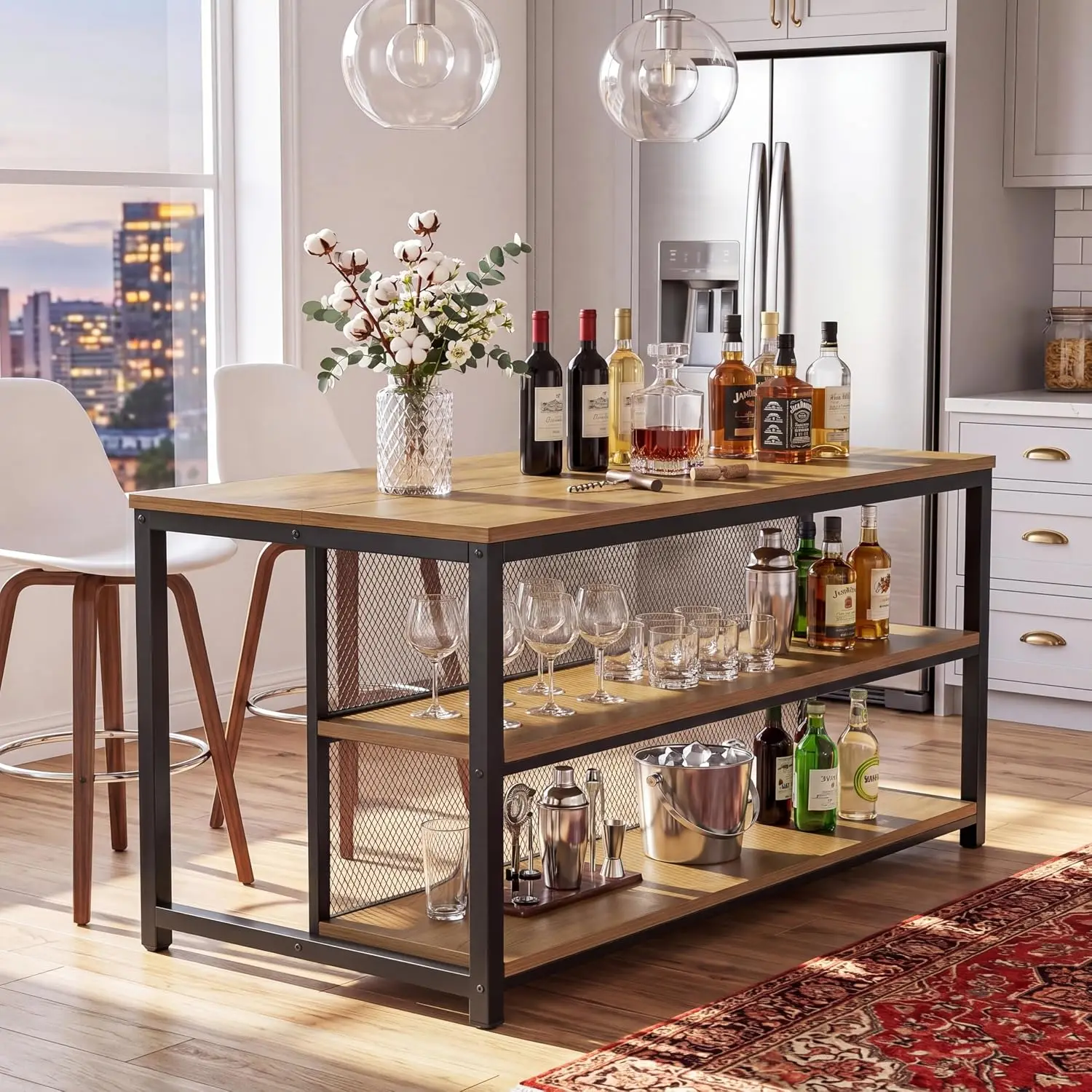 Industrial Bar Table with Storage Shelves & Seating, Counter Height Wine Cabinet for Kitchen Dining Living Room, Customized