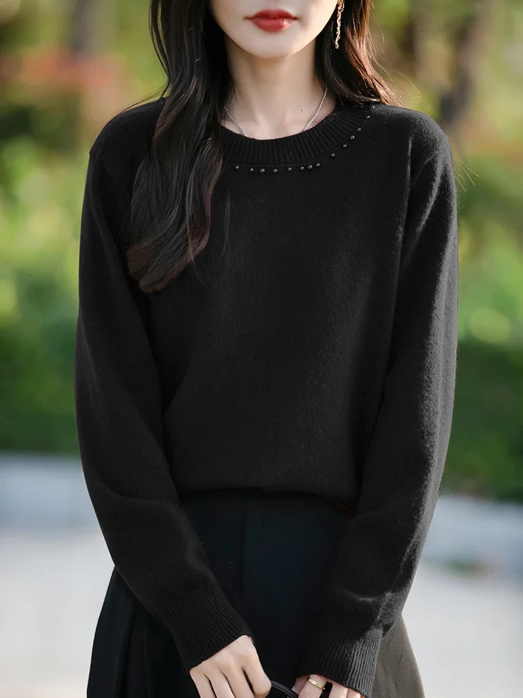 Thickened Warm Knitted Base Shirt Women's round Neck Pullover Loose Sweater Soft Glowing Beads Design Commute Style Long Sleeve