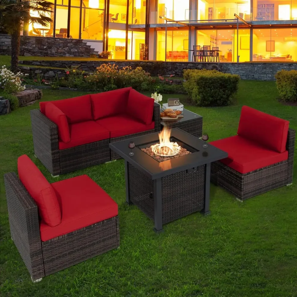 6 Piece Patio Wicker Conversation Set Outdoor Rattan Sofa Set w/32” Propane Fire Pit Table50,000 BTU HeatTempered Glass Tabletop