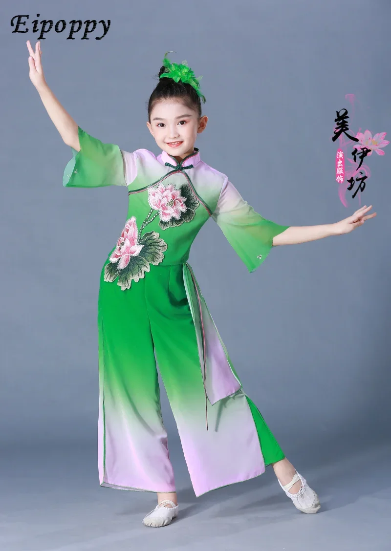 Fantasia de dança clássica infantil, vestido de lótus feminino, dança elegante do fã, performance do guarda-chuva