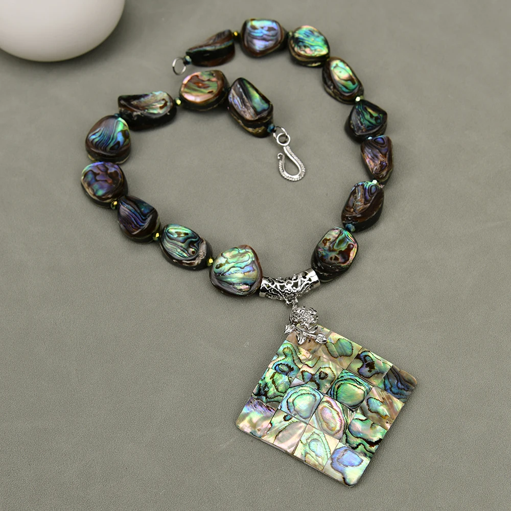 G-G Natural Mix Color Green Paua Abalone Shell Nugget Chunk Necklace Abalone shell Square Slice Pendant