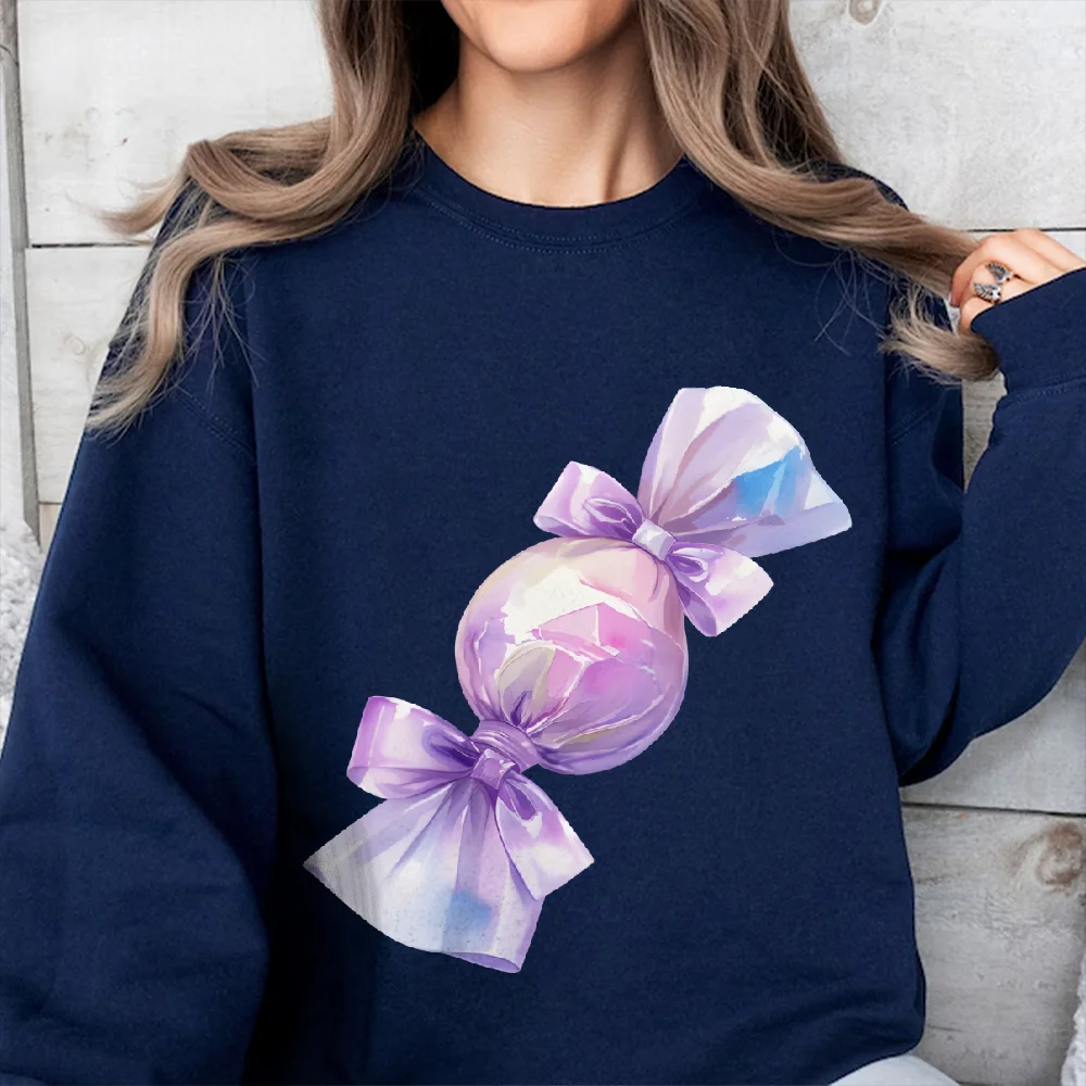 

Graphic Sweatshirt Purple Candy Bows Print Woman Sweatshirts Y2k Sweet Oversize Casual Wear Trendy Art Design Fun Vibe Clothes