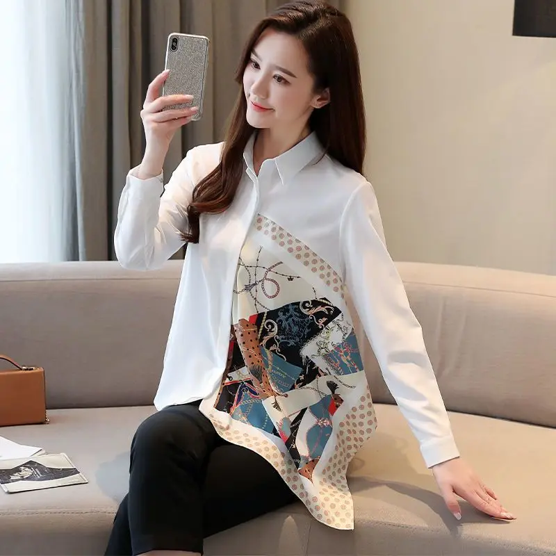 Womens Stylish Vintage Asymmetrical Design Shirt Elegant Chic Office Lady Commute Blouse Casual Print Patchwork Long Sleeve Tops